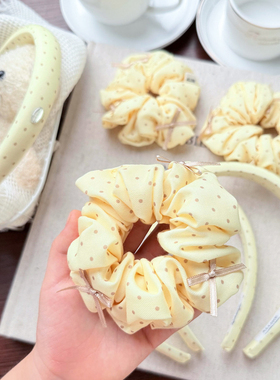 韩可爱奶黄色布艺蝴蝶结发圈儿童高颅顶头箍宝宝小波点头绳发饰女