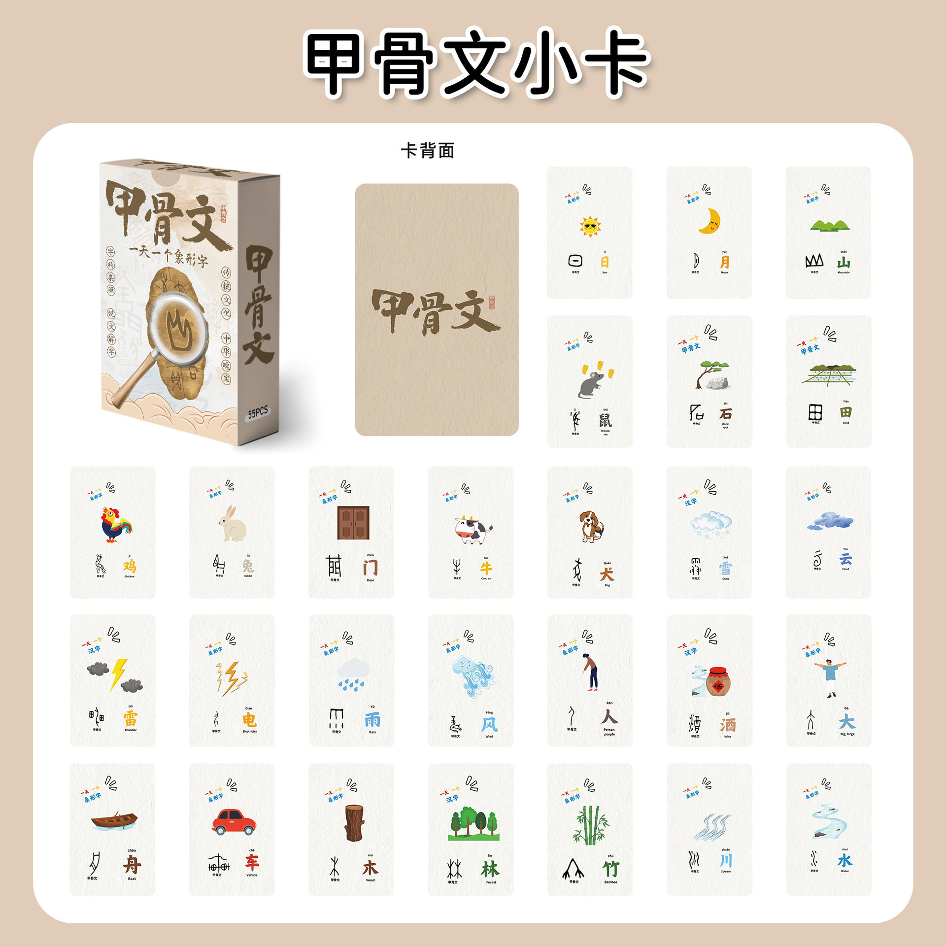 55张甲骨文小卡 卡通象形字科普盒装卡片甲骨文素材积累中华文化