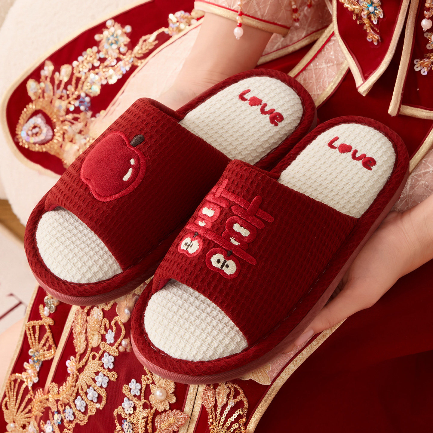 红色亚麻拖鞋女款冬季室内家居陪嫁厚底本命年情侣一对结婚拖鞋女,居家布艺,居家凉拖/凉鞋,淘宝优惠券,粉丝福利购,淘宝优惠卷