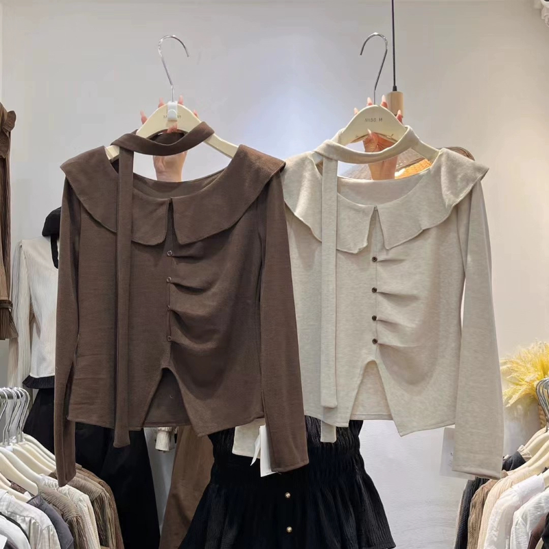 2025秋冬新款法式甜美荷叶边加厚针织衬衫女百搭显瘦气质开叉上衣