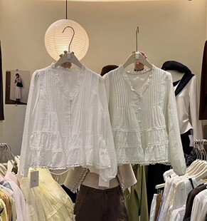 2026早春新款显瘦复古V领荷叶边衬衫女皱褶设计感气质甜美上衣