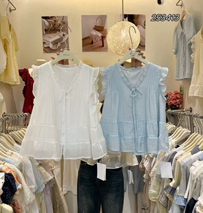 2026夏季新款韩版甜美系绳V领衬衫女百搭宽松显瘦无袖上衣