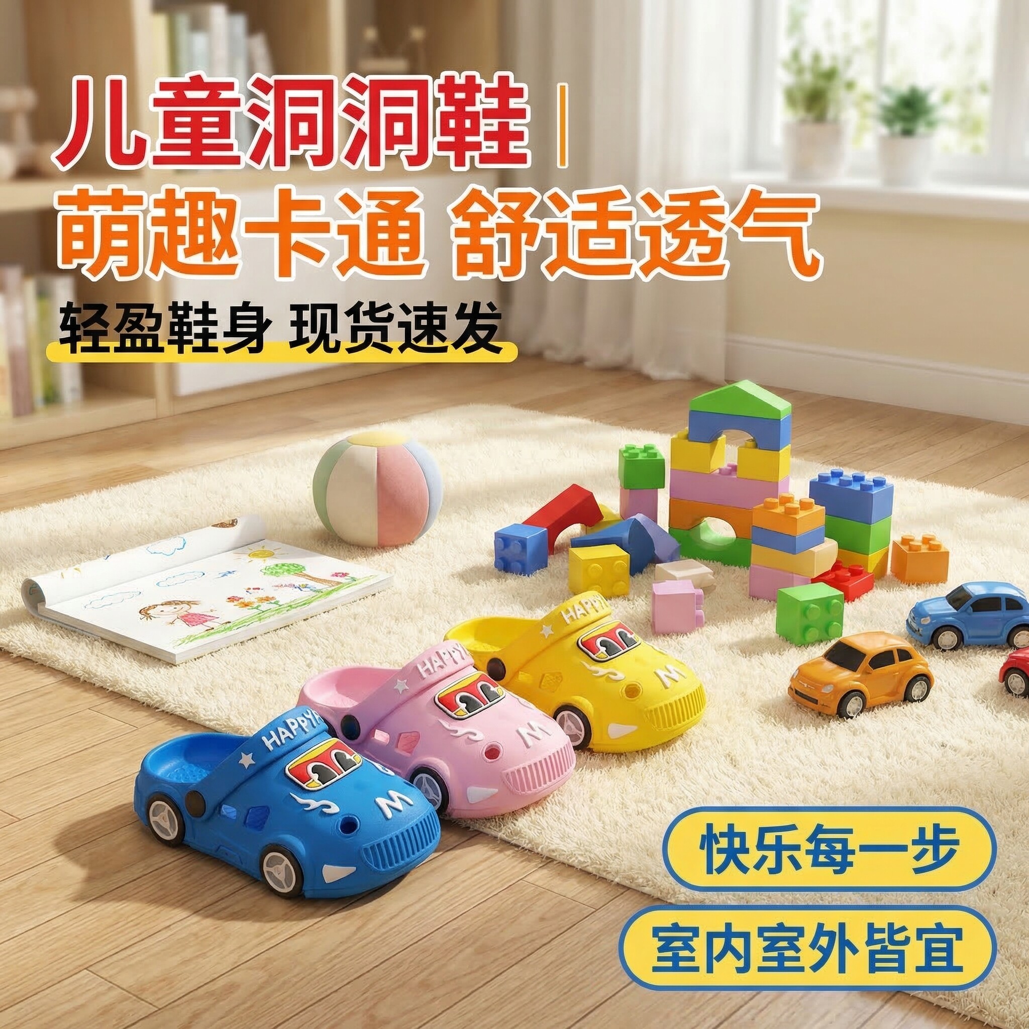 儿童卡通发光拖鞋小汽车造型男女童防滑软底防滑凉拖鞋包头洞洞鞋