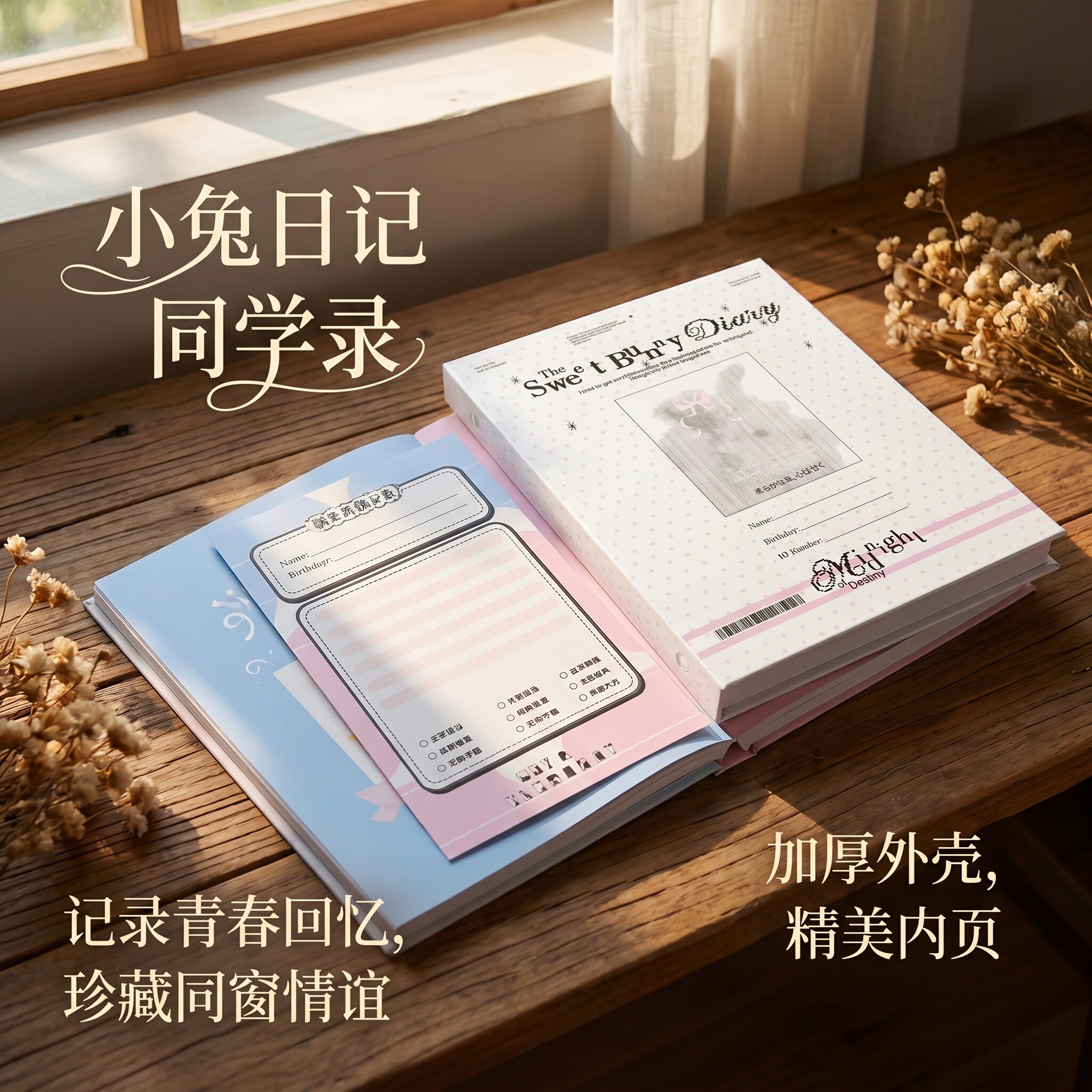 毕业纪念册小学生六年级2026新款初中生初三甜美小兔日记ins加厚外壳毕业青春好友留言纪念活页册