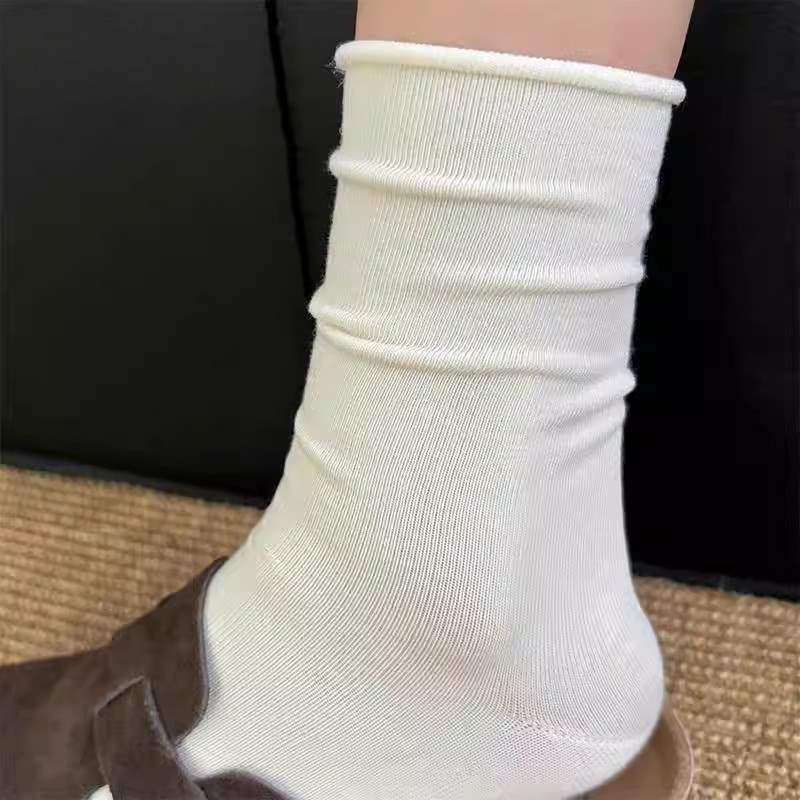 白色卷边袜子女中筒袜潮纯棉春秋款日系堆堆袜春季学生长袜
