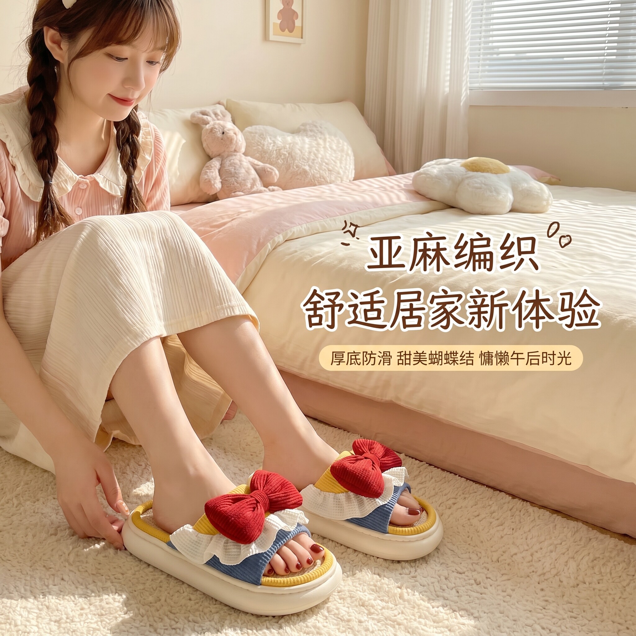 亚麻拖鞋女款2026新款居家透气舒适夏季可外穿少女心蝴蝶结凉拖