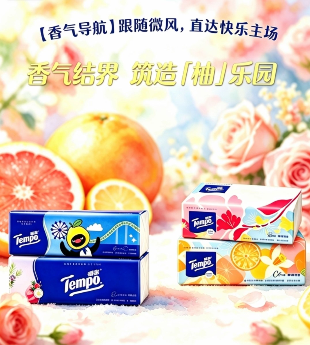 得宝柚然假日限定抽纸柚子香玫瑰之域沁柠玫瑰橘雾清晨试用组合装