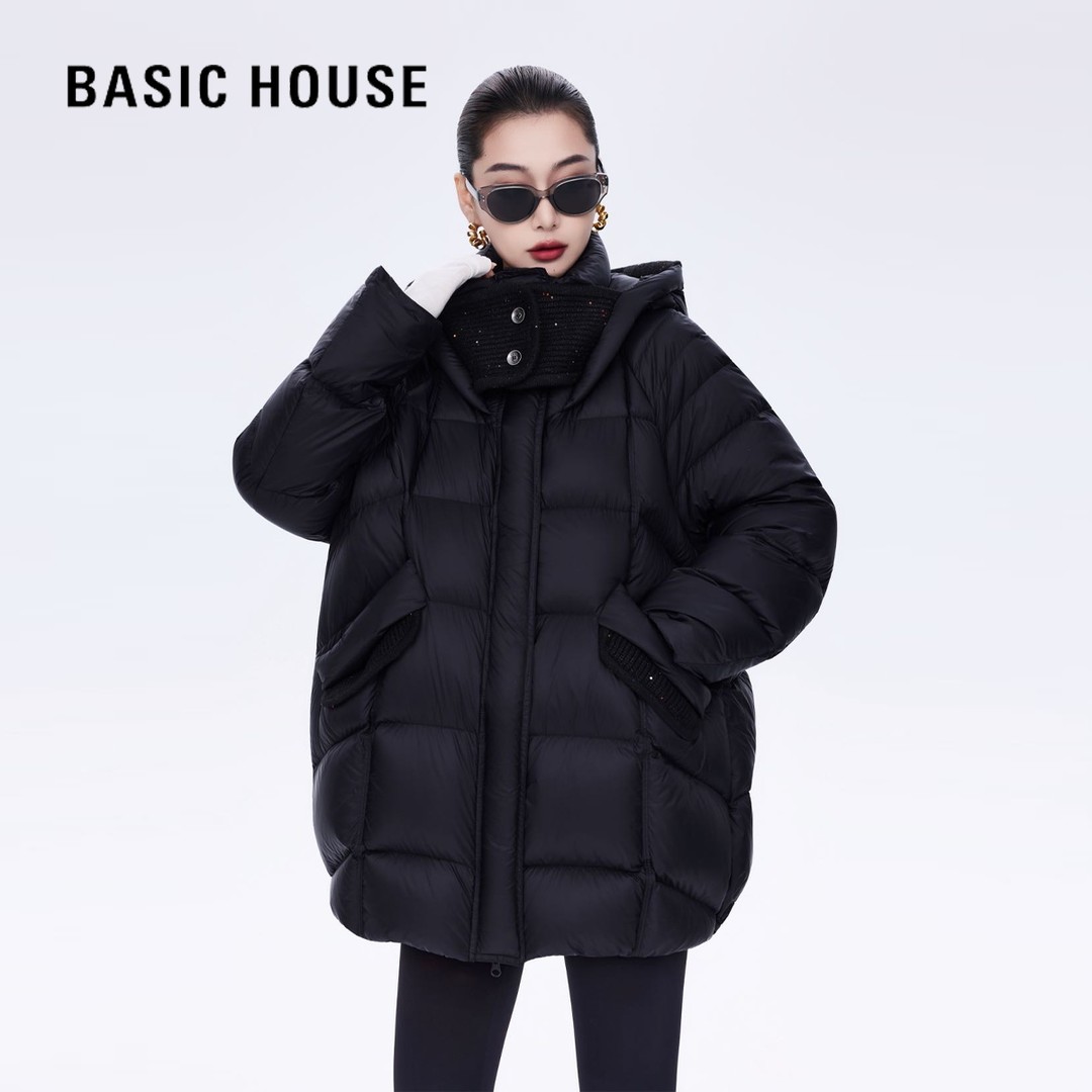 百家好针织拼接银河亮片帽耳中长款羽绒服女冬季泡芙加厚保暖外套