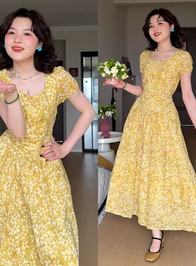 法式气质黄色碎花连衣裙子女夏季2025新款海边度假高级感收腰长裙