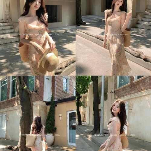 SE GENTLE SUN-E白标心动邂逅荷叶边吊带荡领斜裁修身连衣裙88593