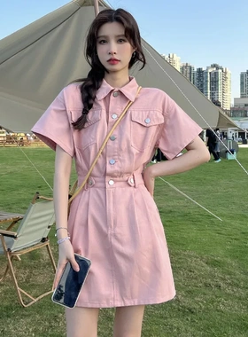 前后口袋+拉链设计 2026网红新款短袖连衣裙女日系polo领短裙