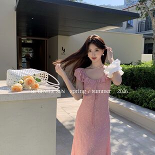 SUN 一见倾心浪漫满分～法式 荷叶边斜裁印花连衣裙8854 GENTLE