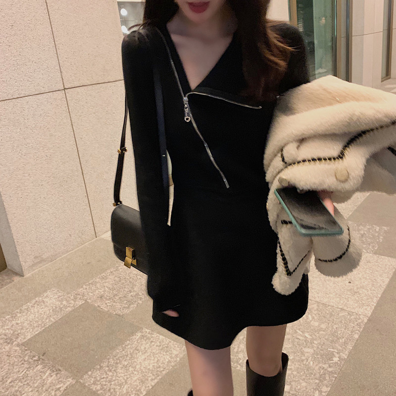 Spring French style retro black long sleeve waist slim Hepburn little black skirt with bottom and dress