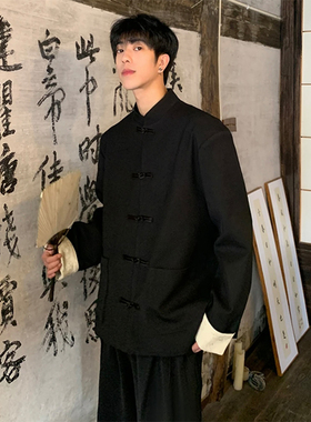 fmario 新中式卷边袖盘扣外套春秋高级古风宽松立领夹克上衣男女