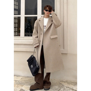 fmario 过膝宽松呢料外套男 韩风羊毛加厚夹棉保暖呢子大衣中长款