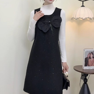 毛呢连衣裙女今年秋冬新款中长款圆领小香风呢子修身背心裙坎肩裙