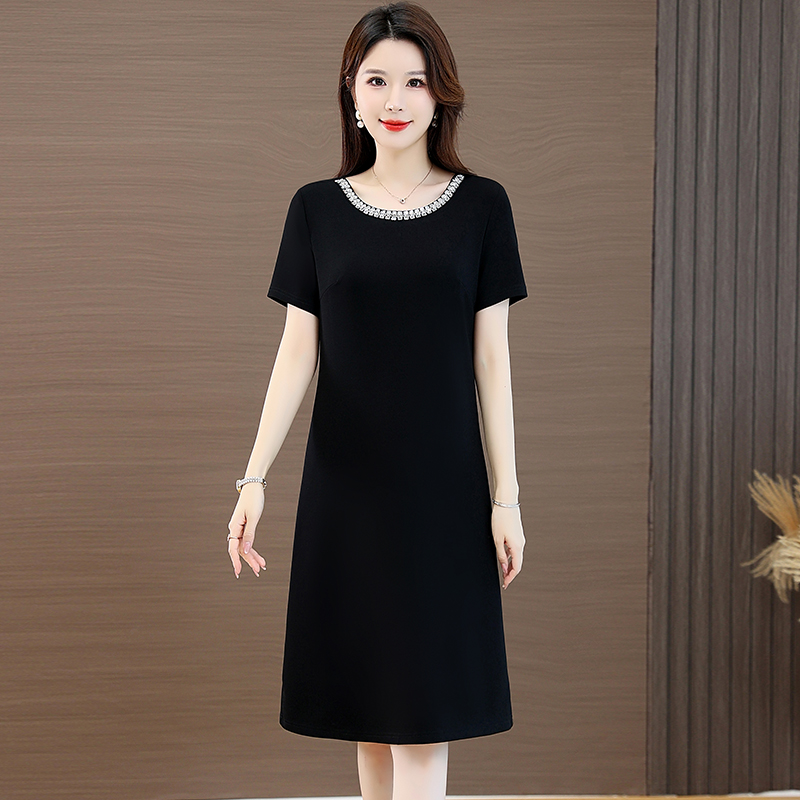 短袖钉珠中长款宽松连衣裙女夏季