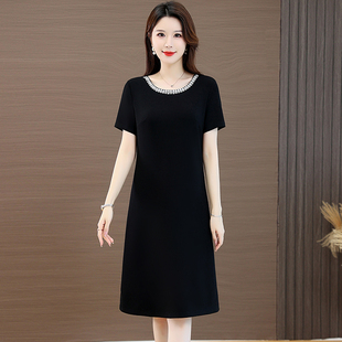中长款过膝宽松大码小黑裙连衣裙女2025夏短袖圆领钉珠香风直筒裙