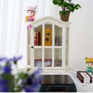 美式乡村做旧白实木玻璃收纳双层展示柜田园复古桌面整理储物柜子