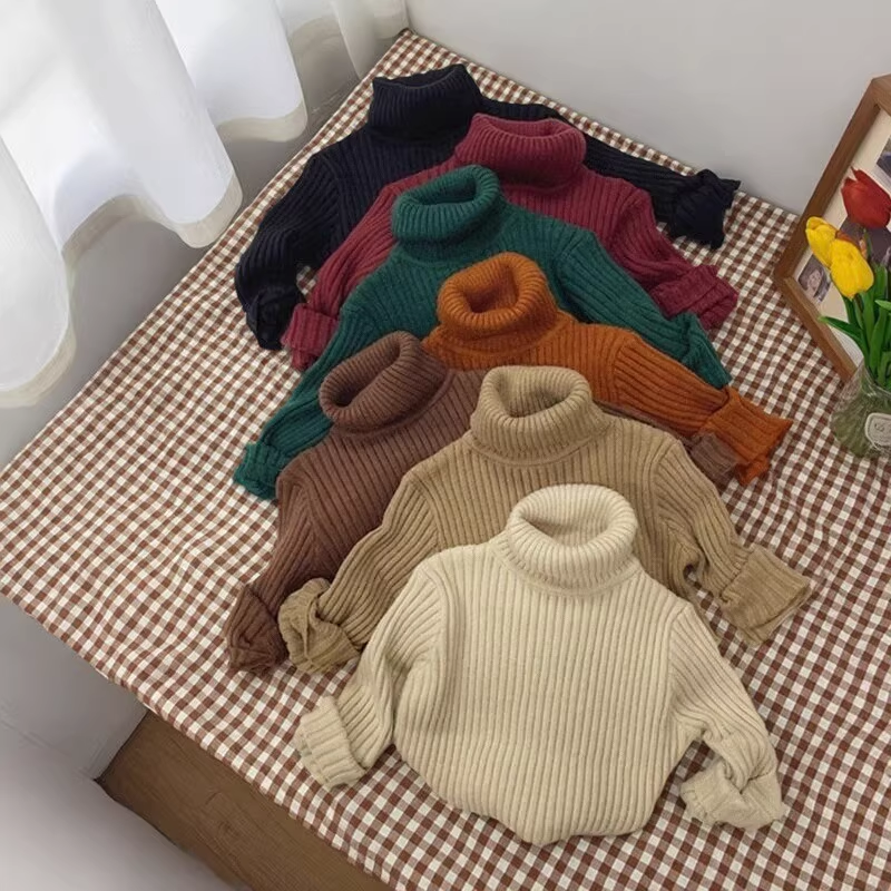 男女童毛衣冬季韩版儿童高领坑条纯色修身针织打底衫保暖休闲修身