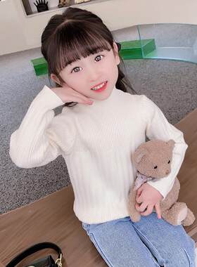 女童毛衣打底衫春秋款韩版米色女宝宝高领内搭针织衫小童毛衣套头