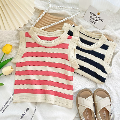 2026女童针织马甲春秋休闲黑白条纹镂空小中大童毛衣背心坎肩儿童