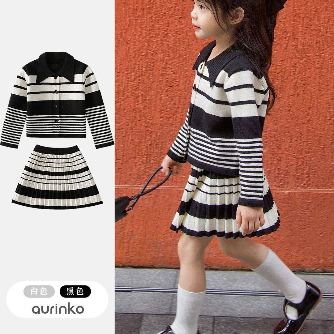 女童半身裙套装2026新款学院百褶裙两件套春秋上衣外搭针织衫韩版