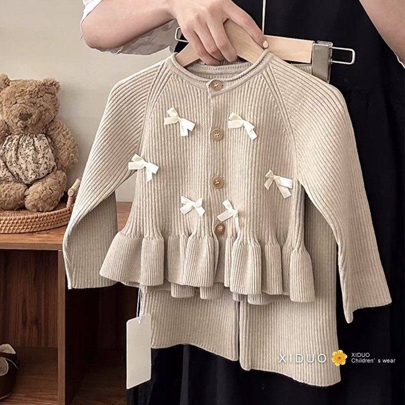 童装女童套装秋冬季新款洋气毛衣蝴蝶结针织开衫上衣裤子两件秋季