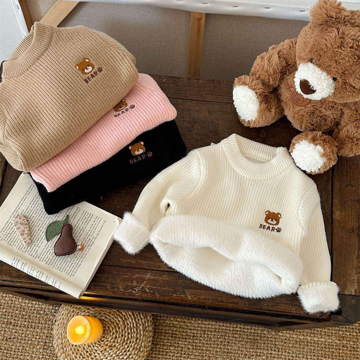 儿童一体绒毛衣秋冬款男童女童加绒加厚内搭针织衫宝宝打底衫保暖