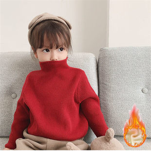 女童加绒加厚毛衣本命红色男童打底衫高领秋冬保暖针织上衣服儿童