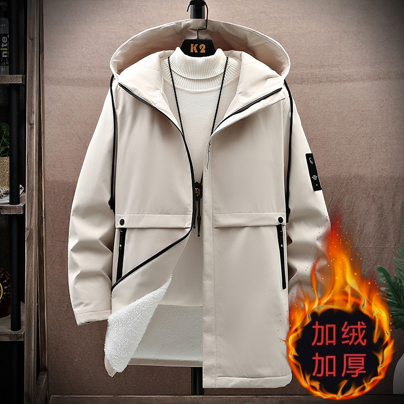 休闲中长款秋冬季加绒加厚外套男