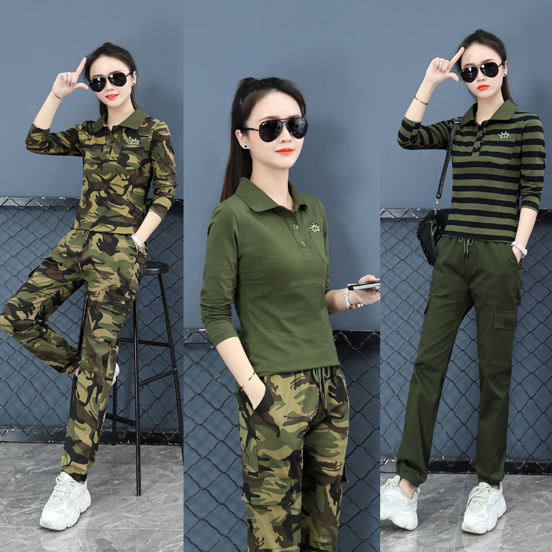 春秋2023条纹翻领迷彩T恤女长袖休闲大码套装水兵舞演出服打底衫