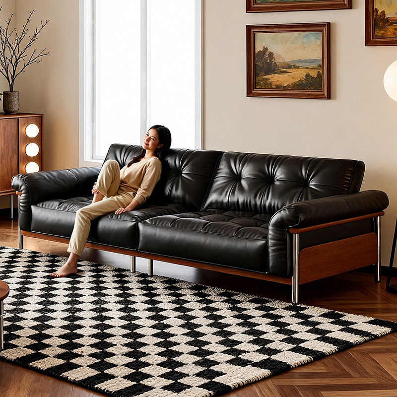 拉芙菲中古风头层牛皮沙发小户型客厅直排高脚包豪斯真皮沙发