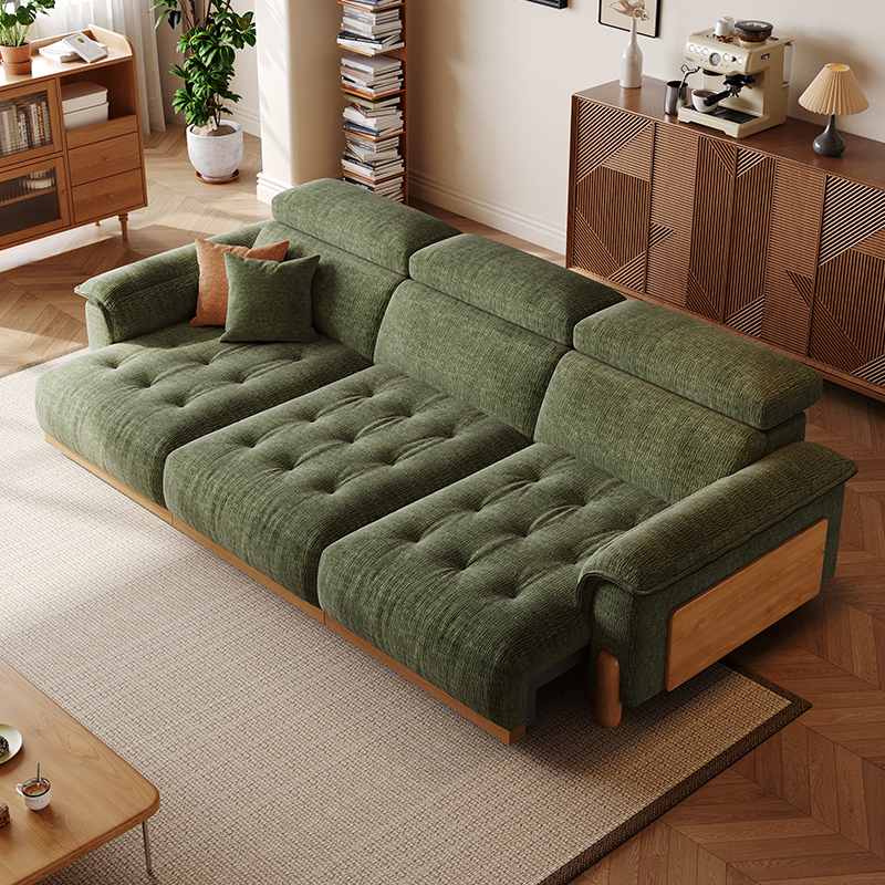 原木风电动沙发床小户型复古风新款多功能伸缩直排布艺沙发客厅