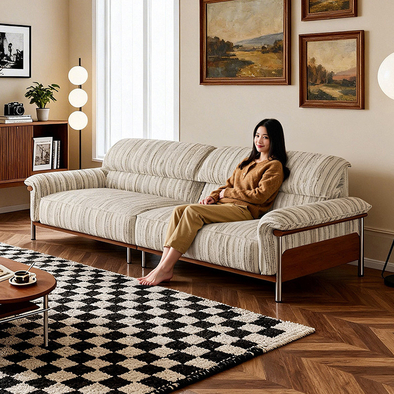 拉芙菲中古风亚麻布艺沙发直排客厅实木小户型高脚羽绒棉麻布沙发