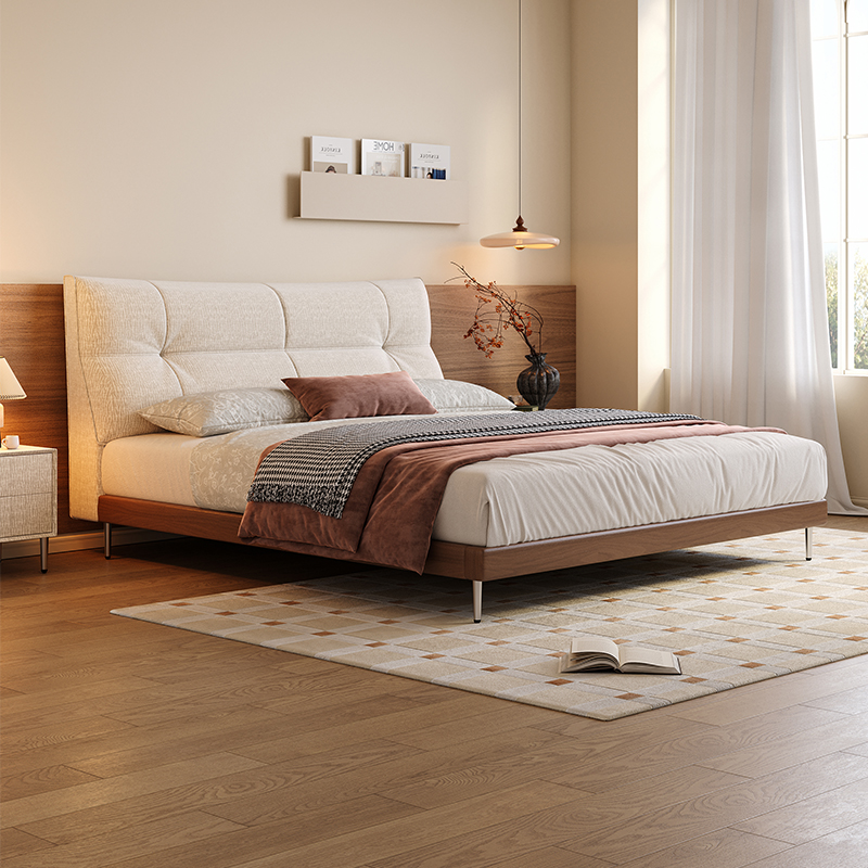 雪尼尔布艺床中古风双人高端婚床实木极简现代简约棉麻主卧室布床