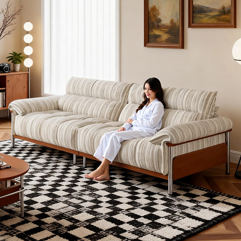 拉芙菲中古风布艺沙发棉麻直排客厅亚麻实木小户型高脚羽绒布沙发