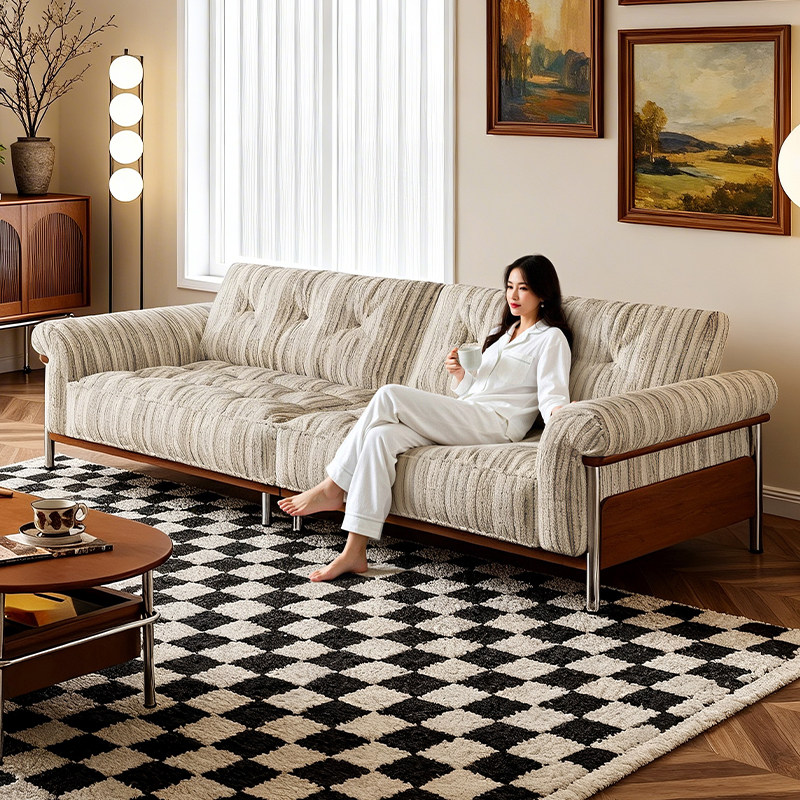 拉芙菲中古风棉麻布艺沙发小户型实木高脚直排亚麻客厅羽绒布沙发