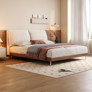 拉芙菲大象耳朵雪尼尔布艺床中古风双人床婚床实木主卧棉麻布床