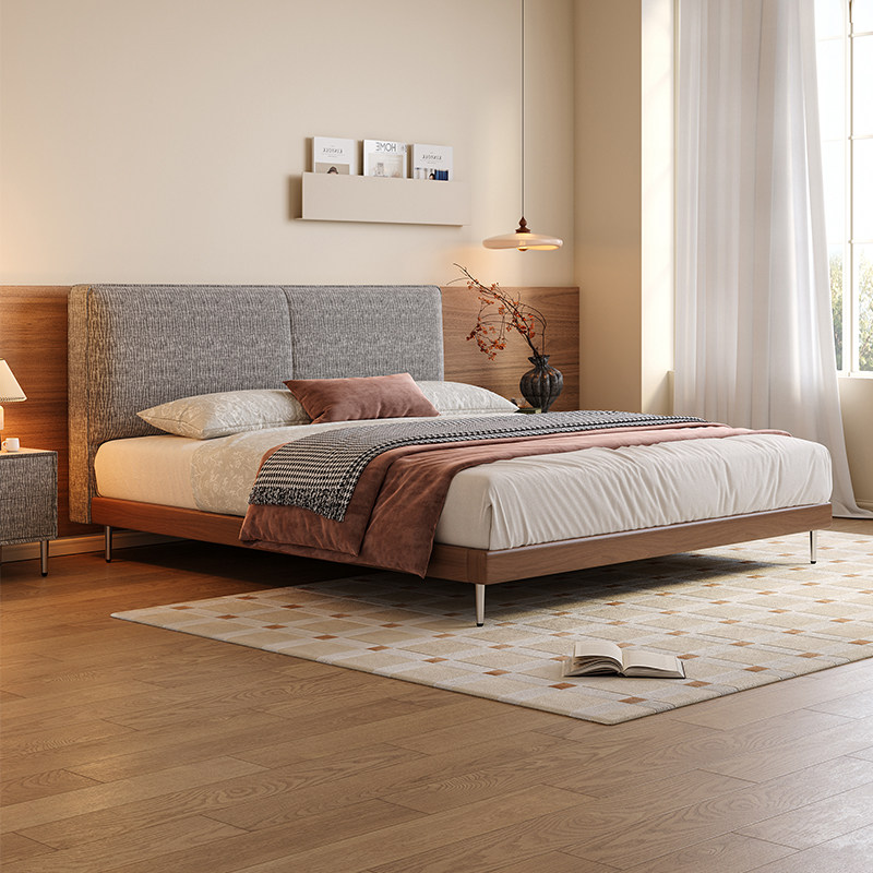 拉芙菲豆腐块超薄床头中古风布艺床婚床实木双人床棉麻主卧布床