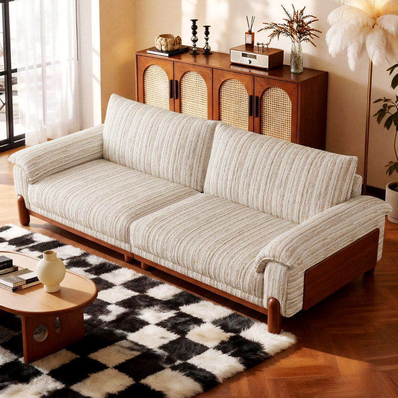 拉芙菲中古风云泊棉麻布艺沙发小户型实木客厅高脚羽绒亚麻布沙发