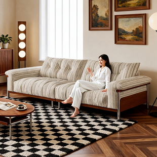 拉芙菲棉麻中古风布艺沙发小户型实木高脚直排亚麻客厅羽绒布沙发