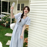 新款夏季韩系V领蓝色条纹收腰连衣裙2C158-8388-P120-K178，女装连衣裙，2C158