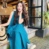 休闲宽松蓝色无袖背心连衣裙女夏2025新款慵懒松弛感简单大方长裙，女装连衣裙，2C158