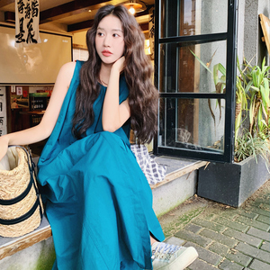 休闲宽松蓝色无袖背心连衣裙女夏2025新款慵懒松弛感简单大方长裙图片