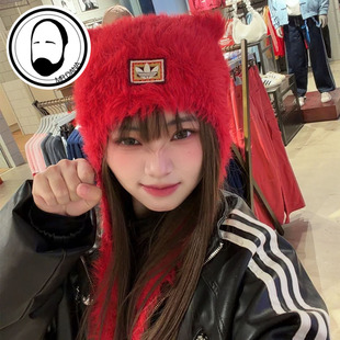 KH0285 KH0286 Adidas三叶草女子新年款 保暖毛绒运动猫耳帽针织帽