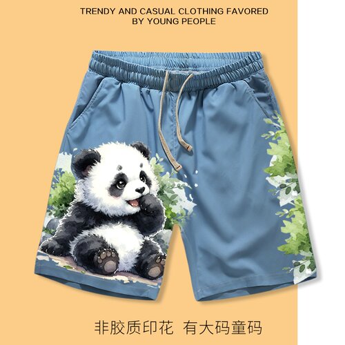 卡通熊猫短裤男款夏季薄款ins潮流冰丝大码五分裤海边度假沙滩裤