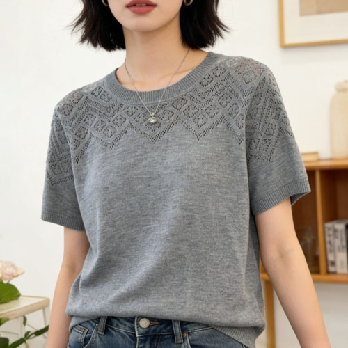 短袖镂空T恤女高级感夏季针织衫