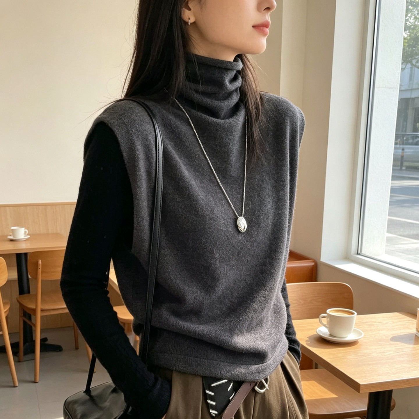 秋冬高领针织马甲女慵懒叠穿背心