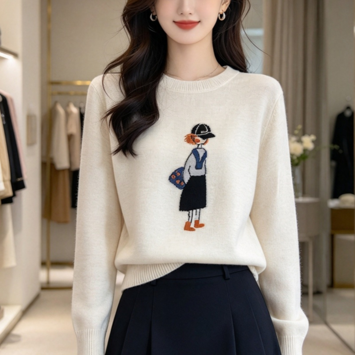 高品质针织衫女长袖2026新款秋圆领提花宽松套头上衣薄款毛衣1026